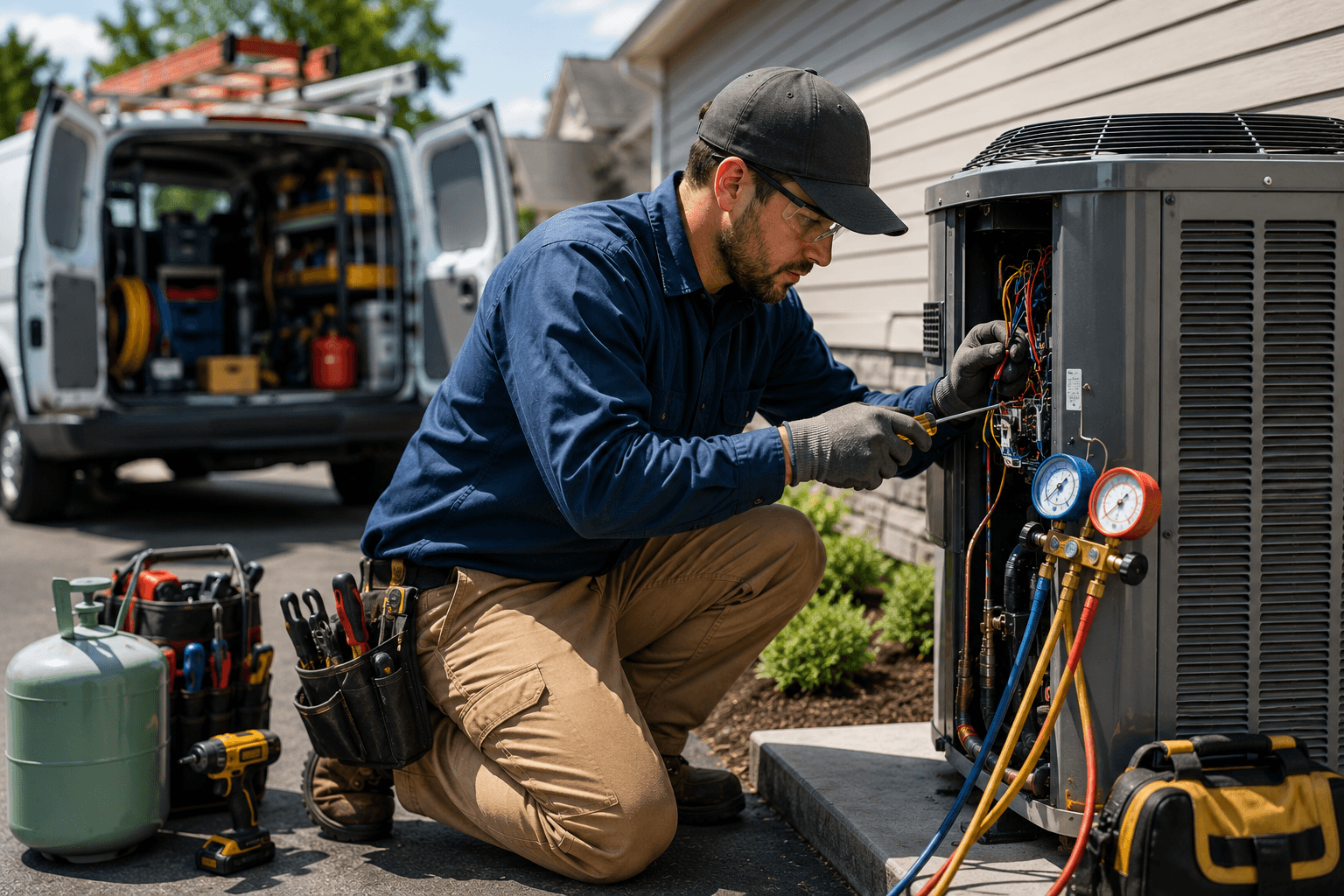 An HVAC technician working near an outdoor condenser unit